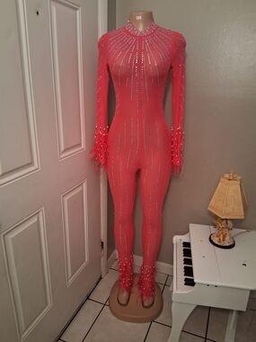 Red Sequined Feather Trim Jumpsuit